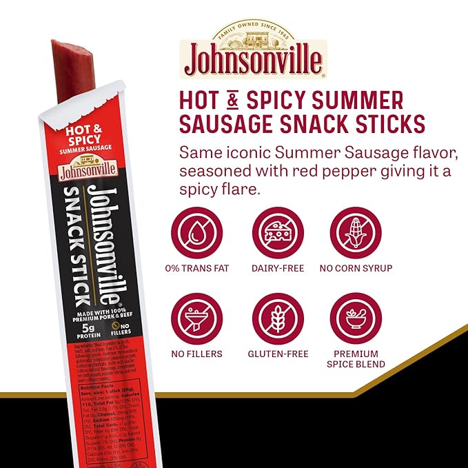 Johnsonville Summer Sausage Snack Sticks - Dairy Free, Gluten Free Protein Snacks, Jerky Snack Packs - Hot and Spicy, 1 oz.