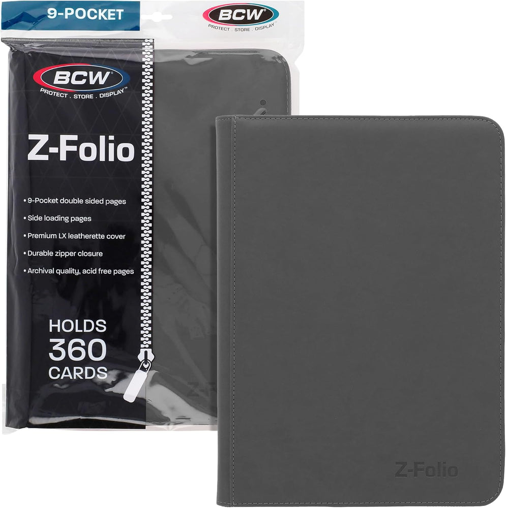 BCW Z-Folio 9-Pocket LX Album - Grey | Secure Zipper Card Organizer | Premium