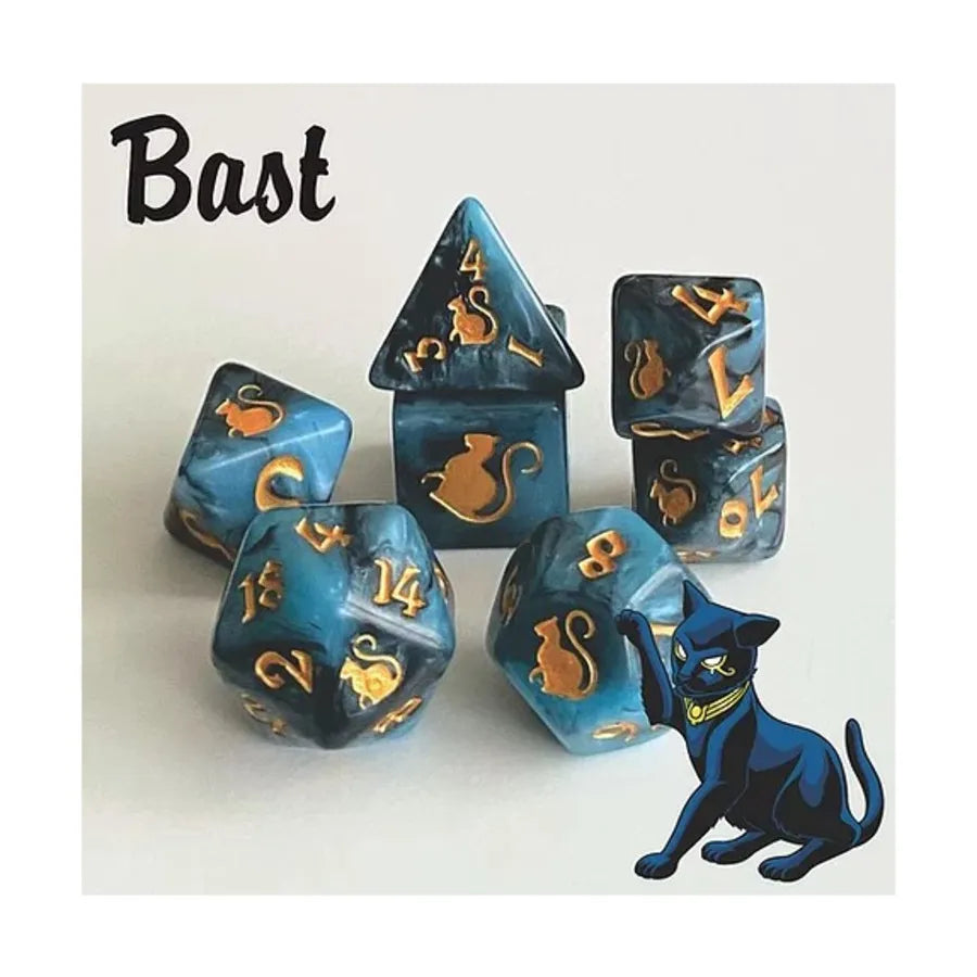 Dice Set - Bast, Blue & Black w/Gold (7)
