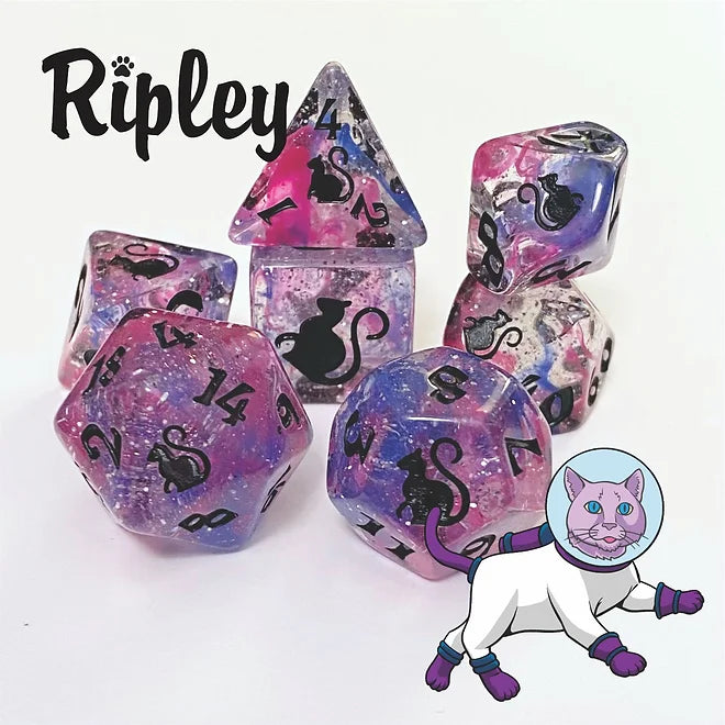 Dice Set - Ripley, Clear/Violet/Pink Swirl w/Black (7)