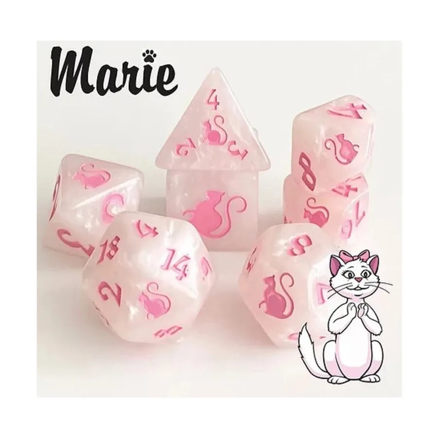 Dice Set - Marie, White Swirl w/Pink (7)