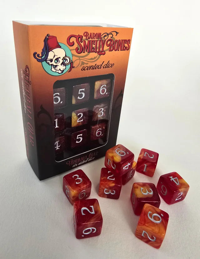 9 six-sided Fireball Char Scented Dice